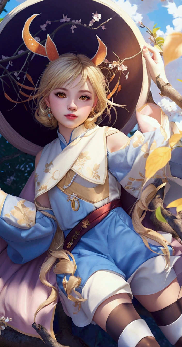15 year old girl, beautiful face, perfect face, , Masterpiece, best quality, orange eyes, blonde hair, very detailed 8k wallpaper , best quality, Vibrant colors, natural beauty, peaceful oasis , cherry tree, blue sky ray tracing, super detailed --v6, very realistic, hyper realistic,