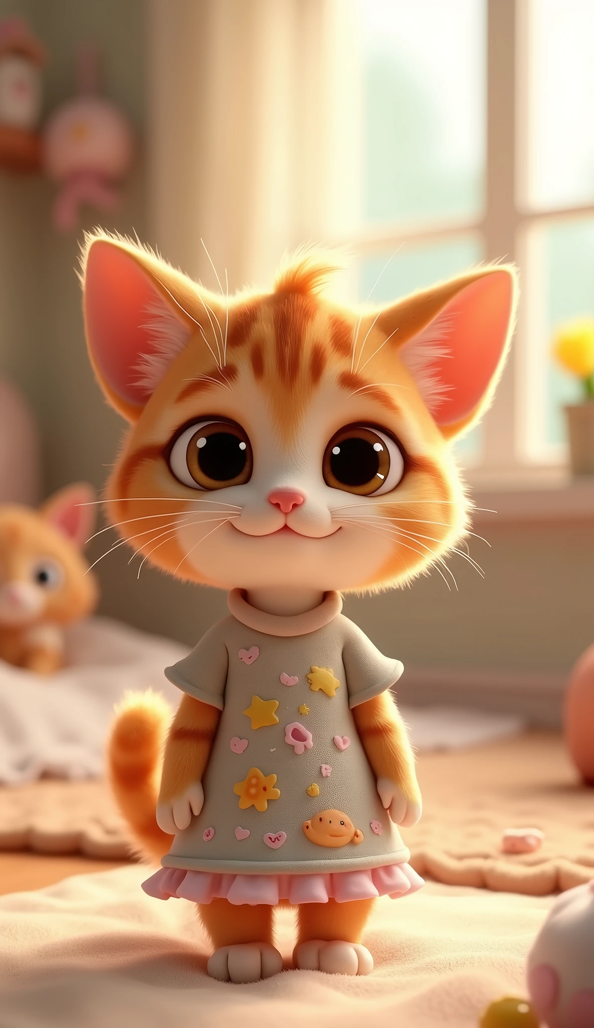 Perfect centering, Looking at the camera, a close up 2/3 of a cartoon cat wearing a casual  dress, 3 d animation demo reel, 3d animation, 3 d animation, 3 d animated movie, 3d animated, 3 d animated, tv commercial, clay animation, cgi animation, cute! c4d, cute 3 d render, pixar 3 d animation style, in a bedroom 4 k, 3 d cartoon