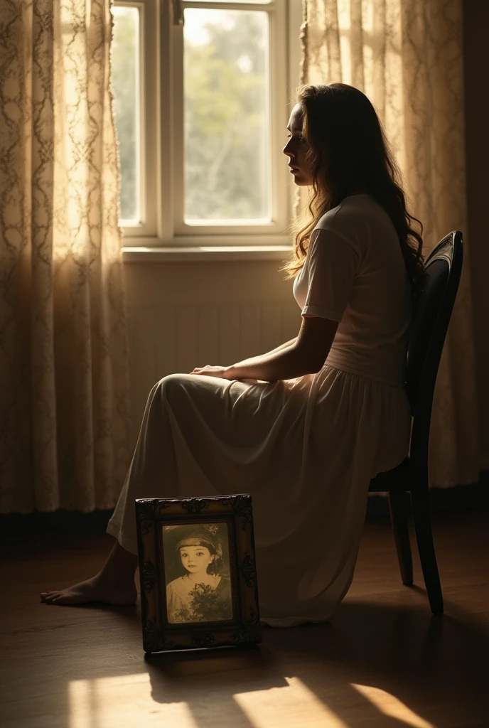 Prompt: A woman sitting alone, looking sad and lost in thought, with a vintage photo frame in the foreground.
Description: This image represents the feeling of being haunted by the past. The vintage photo frame symbolizes the past memories that are affecting the present.