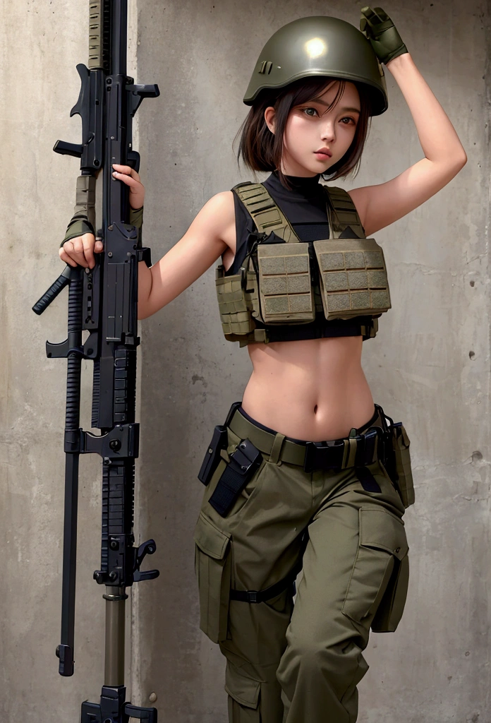 girl in crop top military bulletproof vest , military green cargo pants, belt, military helmet, tactical, (open navel), 