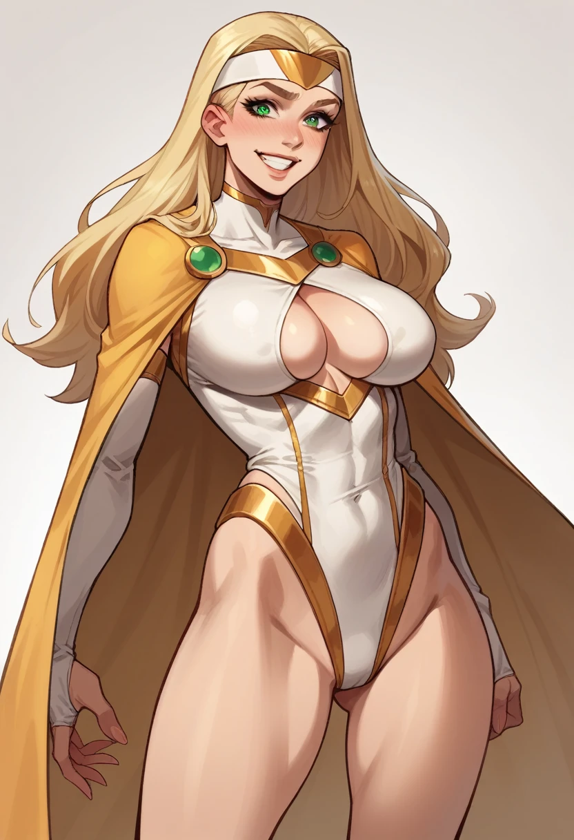 score_9, score_8_up, score_7_up, score_6_up, score_5_up, score_4_up, Sexy, Superheroine, blonde hair, green eyes, long hair, busty, ((White skimpy highleg leotard with a t-back thong)), gold belt, gold cape, thin white headband, cleavage cutout, happy expression
