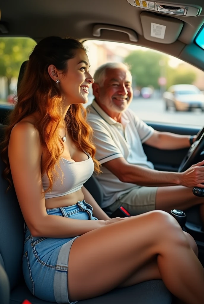 woman with unbuttoned shorts and a big butt inside a car with an elderly man next to her