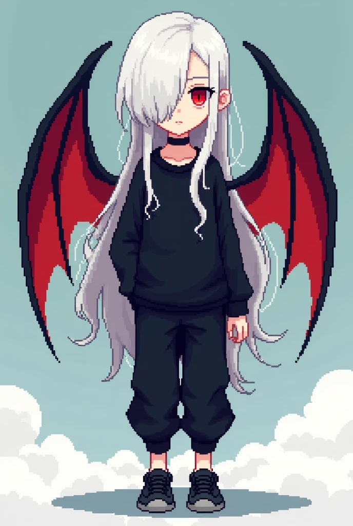Kizuro is a young boy with a thin and slender body., 1,75 tall, Eyes red, pale skin, long white hair that reaches more than halfway down her back, with strands on each side of the head, with a fringe that covers one of his eyes, more precisely, the left eye. He wears a black long-sleeved, collared shirt., black sweatshirt on top, slightly loose black pants that go all the way down, but they don't go beyond black sneakers with dark gray soles. Kizuro has black bat wings with red interior on the back and an extremely feminine face.. Pixel style art