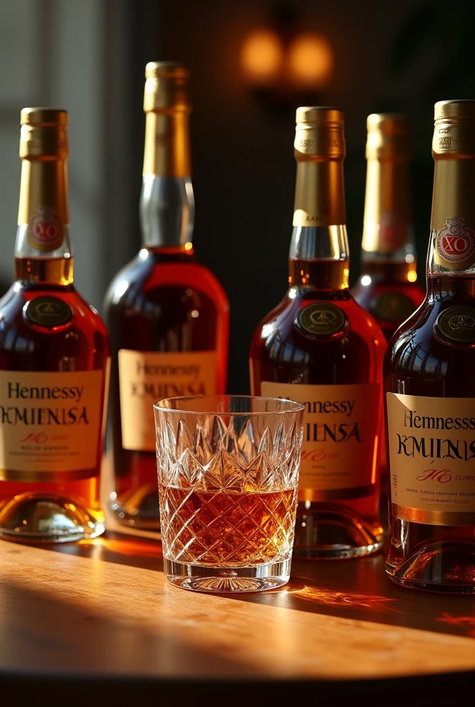 A photo of several Hennessy XO cognac bottles surrounding a small glass taken with a Canon EOS R50 camera