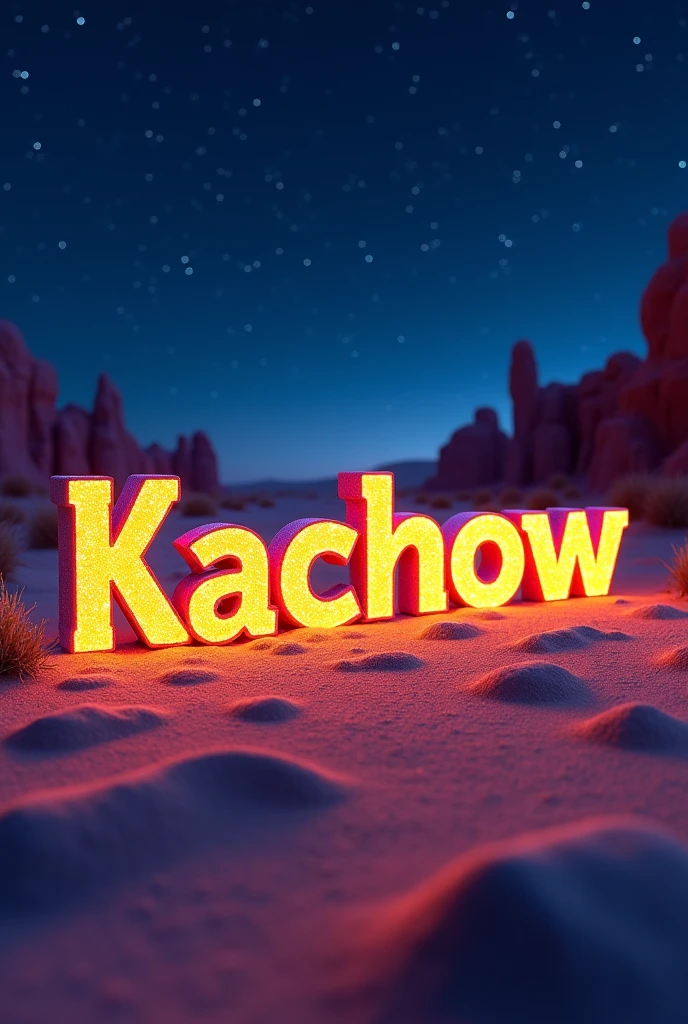 letters that say "Kachow" Inspired by the movie Cars, Let it be a starry night on the sandy road where the movie takes place, that the road is noticeable as if it were taken from a movie. That between everything that is between quotation marks "Kachow"
the letters on the ground