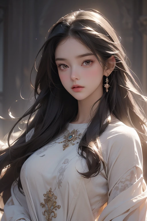 a beautiful young woman with long flowing hair, ethereal glowing skin, delicate facial features, (best quality,4k,8k,highres,masterpiece:1.2),ultra-detailed,(realistic,photorealistic,photo-realistic:1.37),intricate ornate dress, surreal fantasy background, dramatic lighting, mystical atmosphere, soft pastel colors, (cinematic,dramatic lighting:1.2)