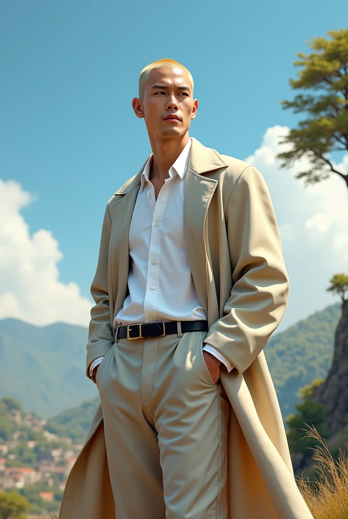 Cao Cao,blond with almost bald cut , of black eyes,with a white polo button-down shirt and a very loose coat on top