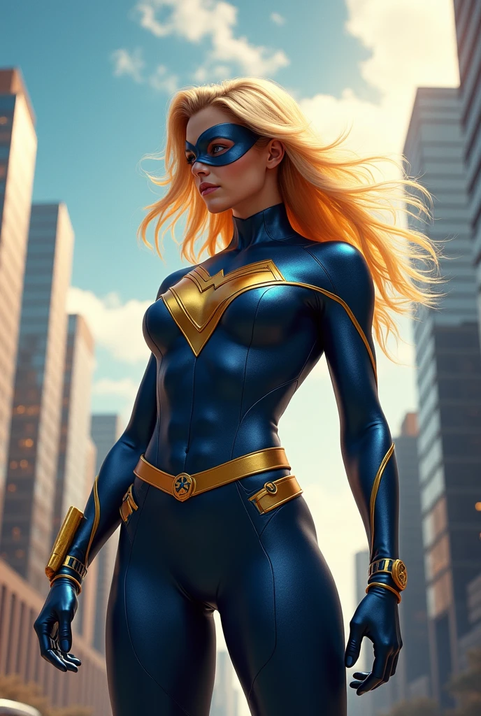 Generates the image of a blonde superheroine with an athletic body, with an imposing and confident pose. He wears a form-fitting superhero suit with a gold X on his chest and a mask.
