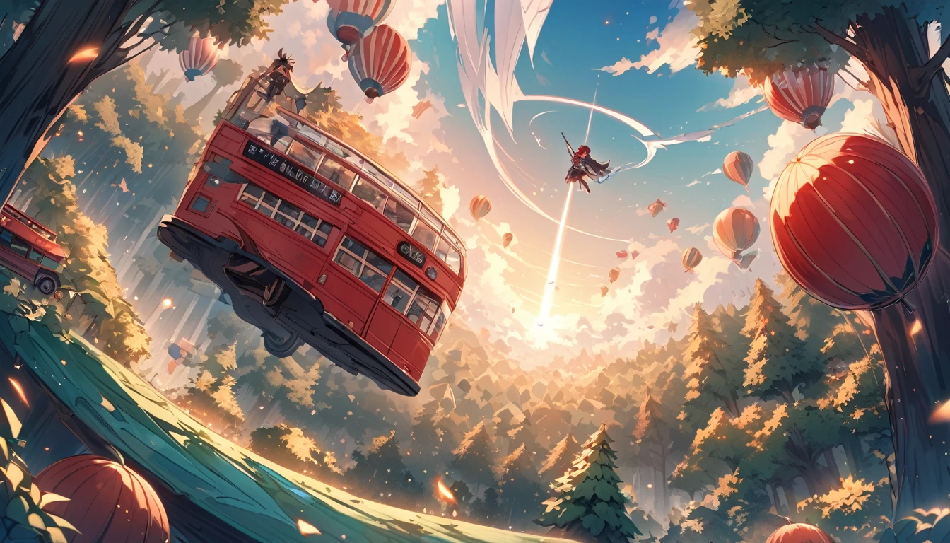 fantasy word, red bus flying in the sky, the beautiful forest below, beautful backround, top view, flying very high in the sky, 