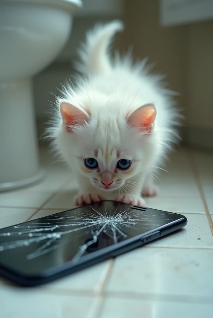 The camera pulls back to show the white kitten’s reaction, its little ears drooping and eyes wide with worry. The kitten cautiously steps down from the toilet, its paws trembling as it picks up the phone. The screen is visibly cracked, and the kitten's reflection in the shattered screen shows a sad, concerned expression.