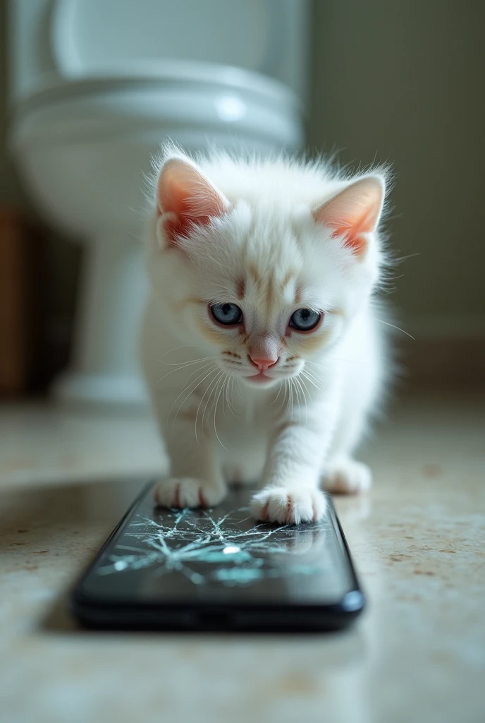 The camera pulls back to show the white kitten’s reaction, its little ears drooping and eyes wide with worry. The kitten cautiously steps down from the toilet, its paws trembling as it picks up the phone. The screen is visibly cracked, and the kitten's reflection in the shattered screen shows a sad, concerned expression.