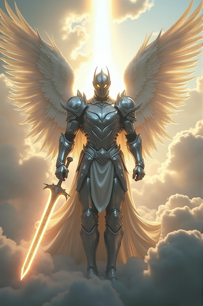 male angel, with silver armor, 4 pairs of wings, helmet that hides only the eyes, Heavenly Sword 
