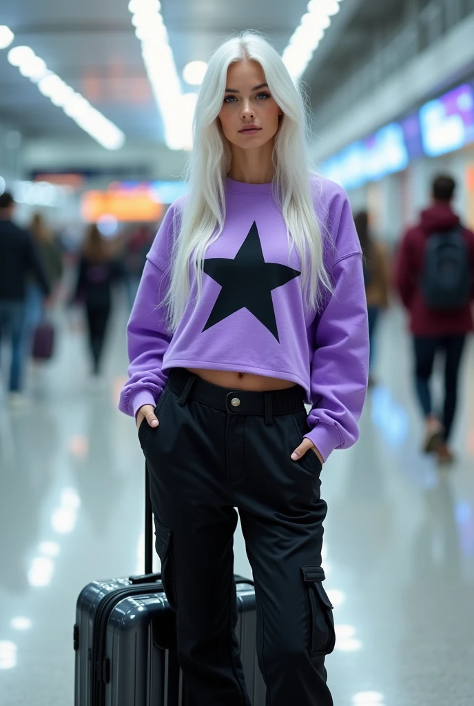 A girl with long white hair,wearing a purple cropped sweatshirt with a black star in the middle,black cargo pants and white sneakers,she will be at the airport with a suitcase,I want her beautiful like a model