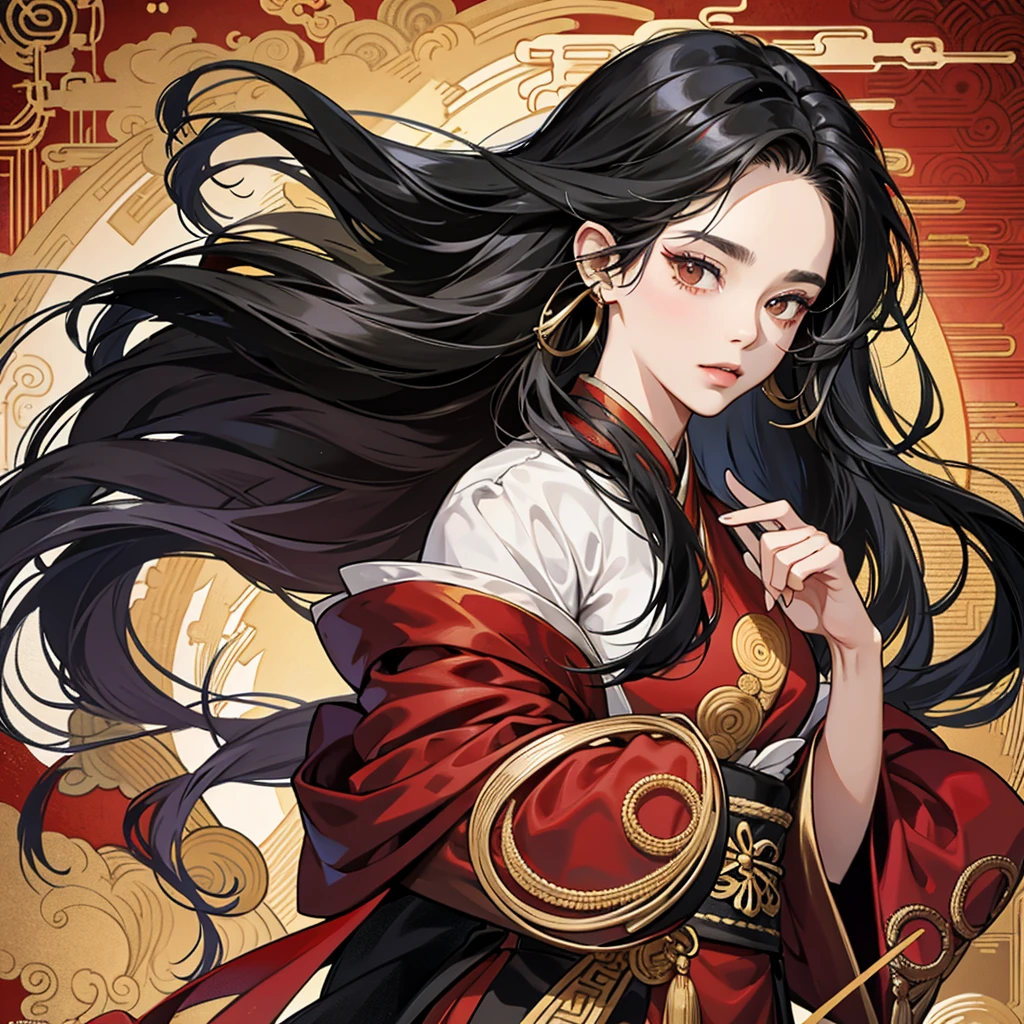 High resolution, 1 Female, alone, Hip Up, Displaying the viewer, (Detailed face), Black Hair, Long Hair, Black, red and gold Hanfu robes,Larger clothes, jewelry, Portraits during the journey