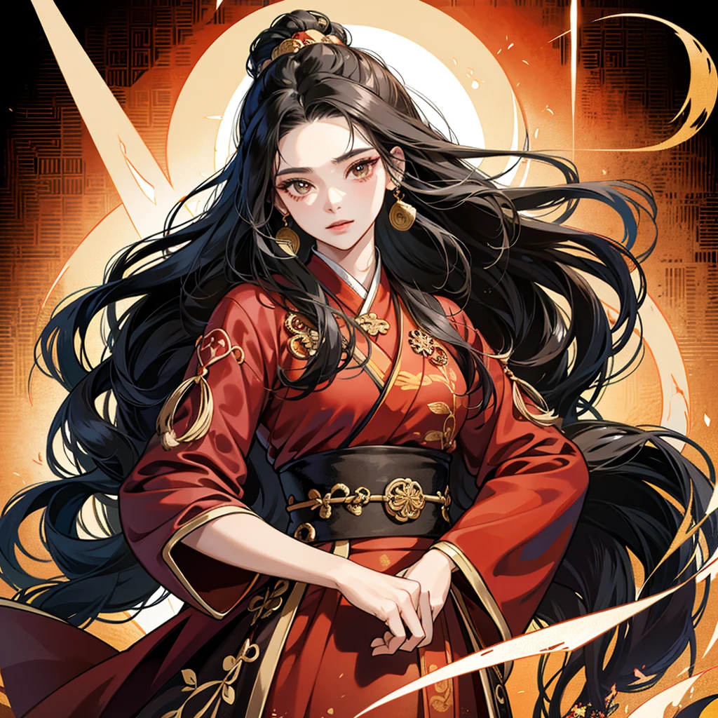 High resolution, 1 Female, alone, Hip Up, Displaying the viewer, (Detailed face), Black Hair, Long Hair, Black, red and gold Hanfu robes,Larger clothes, jewelry, Portraits during the journey