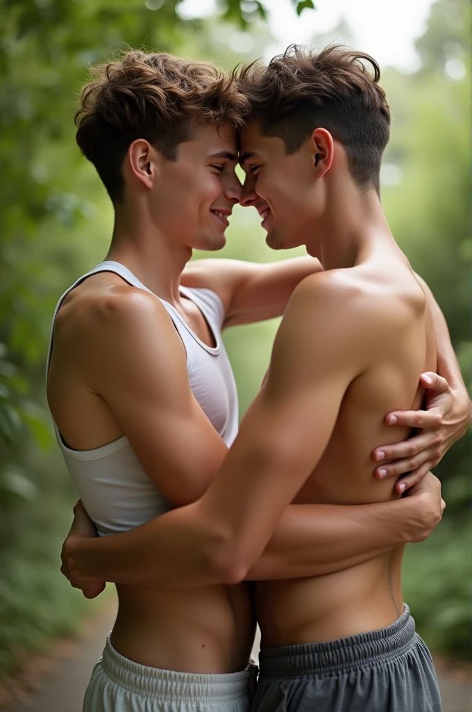 Two attractive age boys, hugging, slender teenboy with short brown medium wavy hair, toned body, shot from below, low angle shot, 18 years old, wearing tank top and shorts Teenage , Top Quality, Amazing Anatomy , Cute Teenage Boysned Bodies, Two Hot Teenage Boys In And Cuddling