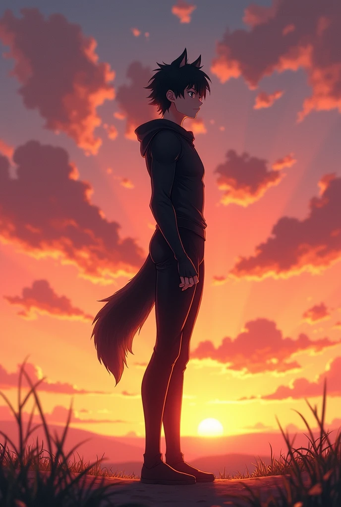 A anime boy looking at sun rise with powerful standing , full black costume , lone wolf personality type