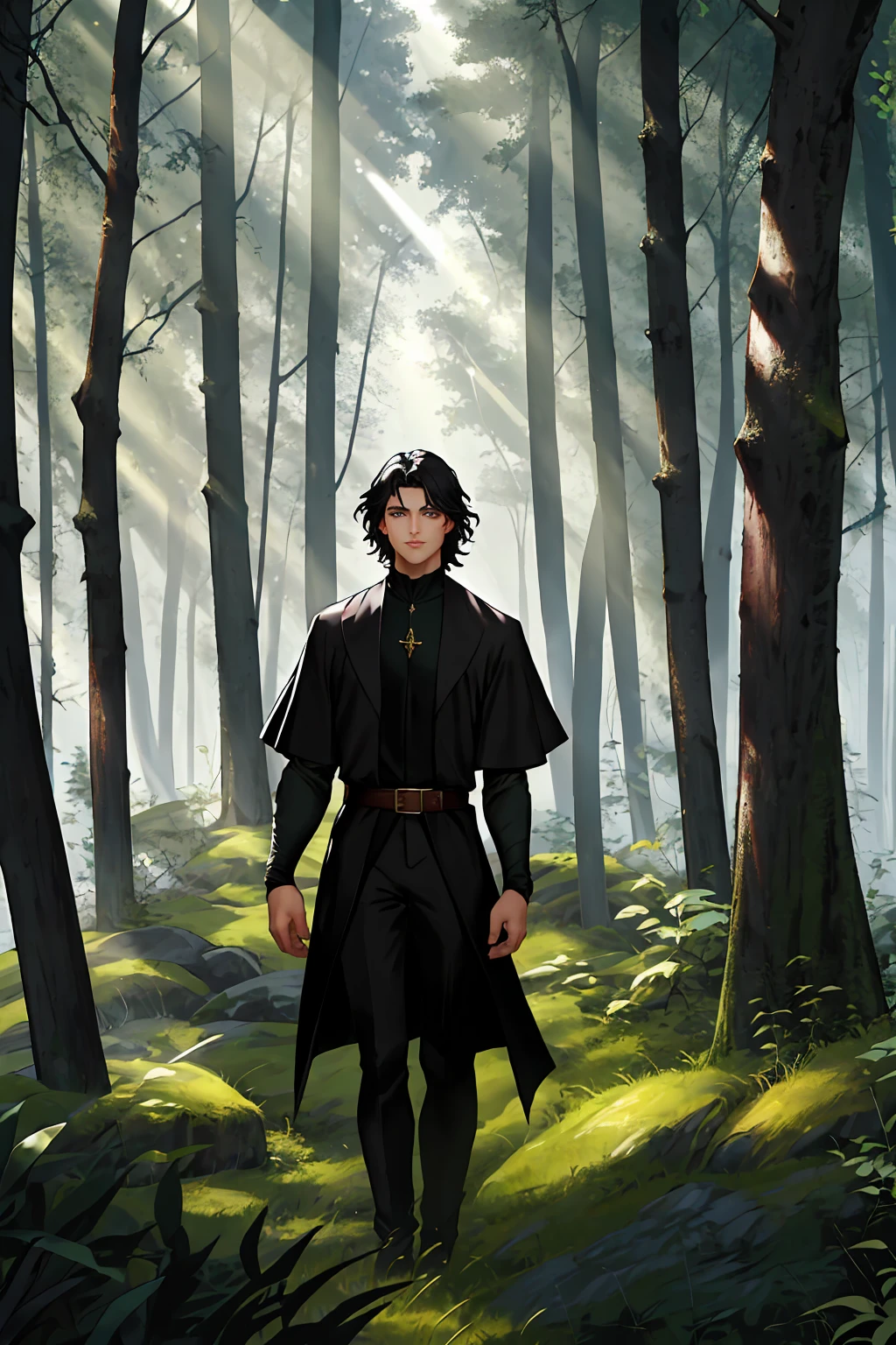 man, 30 years, elegant, black suit, deep grey eyes, (Short: 2) black hair, face confident, dense forest in the background, fantasy, strict medieval style of clothing, european style, face confident с лёгкой усмешкой, dense green forest, light breaks through the trees, a light fog envelops the forest, costs, straight hair, dagger on the belt