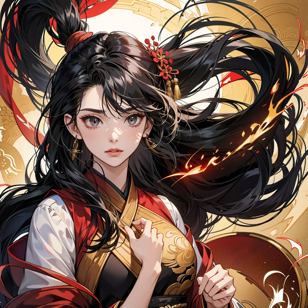 High resolution, 1 Female, alone, Hip Up, Displaying the viewer, (Detailed face), Black Hair, Long Hair, Black, red and gold Hanfu robes,Larger clothes, jewelry, Portraits during the journey