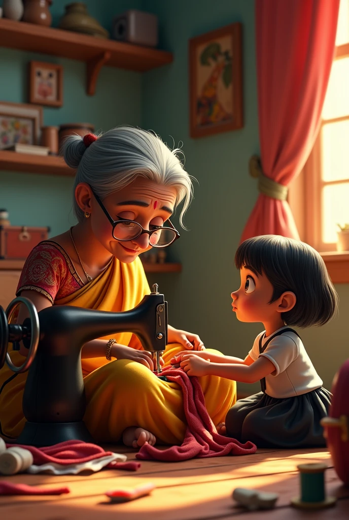In cinematic 3d cartoon style " A 60 years old poor woman wearing a torn saree is getting a suit stitched on a sewing machine. Her young daughter is sitting on the floor below and standing nearby, wearing a black and white school dress and holding a bag. "