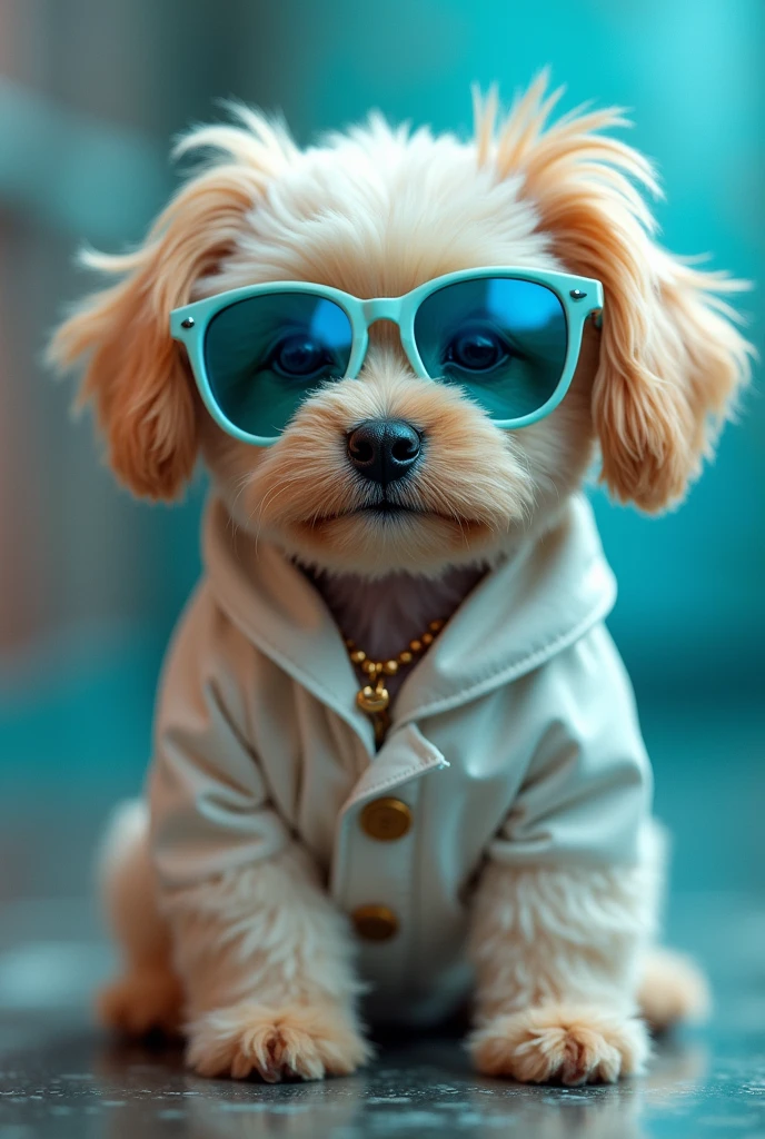 The best cell phone wallpaper, Award-Winning Wallpaper, portrait photography, In the front view is a portrait of a cute dog wearing mid-1960s space age fashion, Side view photo, Shot with Canon EOS R5, Set a strong contrast that accentuates the subject, Fluorescent blue tone, Wearing a very modern coat and sunglasses is a modern 1960s style, Clothes all in one color, beautiful background