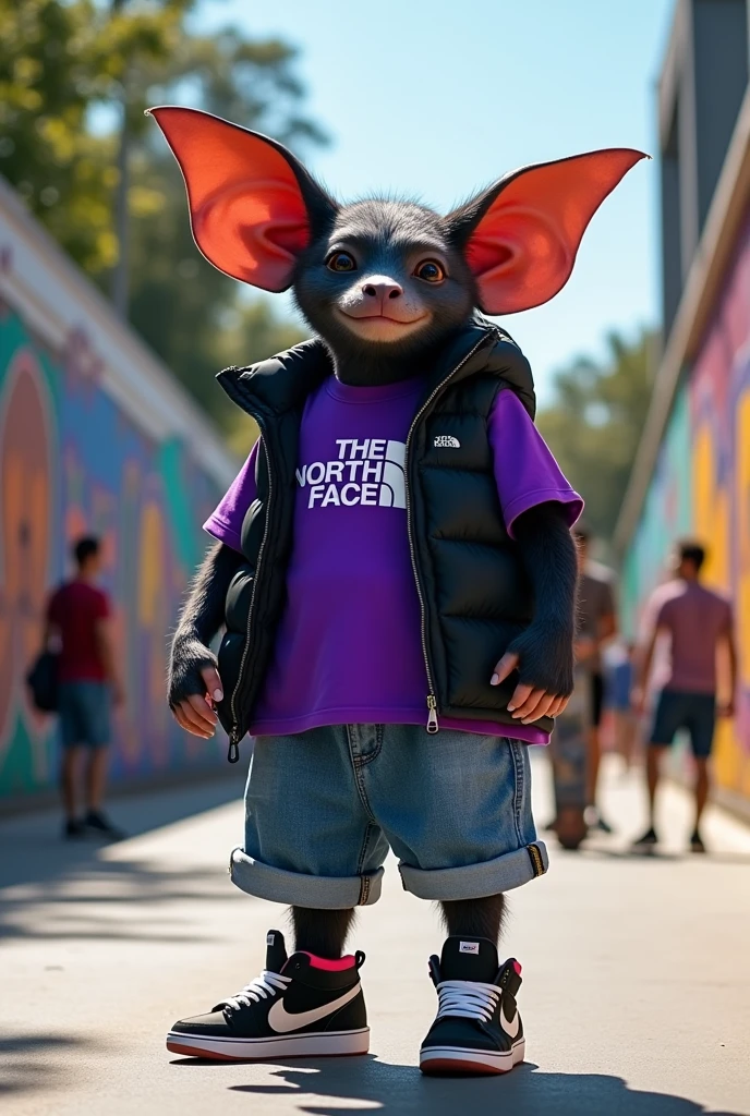 Bat with a purple shirt ,the north face black vest,a pair of wide jean shorts and some Nike SB shoes 