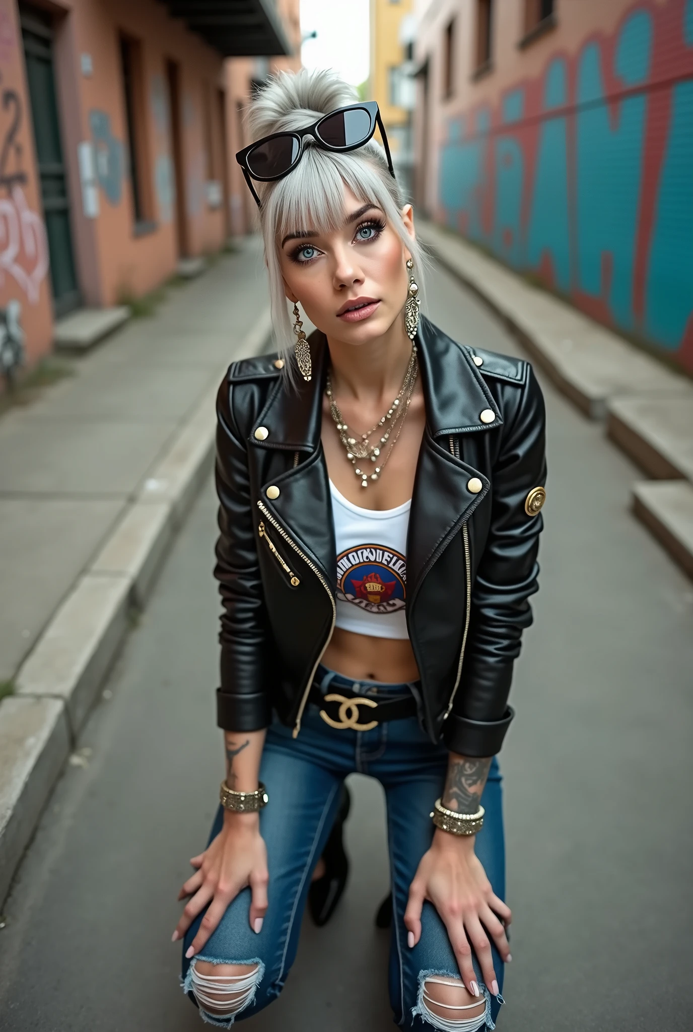 russian old milf woman, grey hair (top bun, shaved sides and fringe) and sunglasses as headband (big maxi sunglasses), with very light blue eyes, extremely pale. Wearing cropped black moto jacket with lots of zippers and badges on jacket flaps, cropped t-shirt with big motorcycle club logo, dark blue jeans with holes and pointy Chelsea boots with cuban heels . Silicone breasts. Lots of metallic bracelets, long pendants and lots of collars. Tacky leather belt with oversized chanel buckle. Long earrings. Kneeling, looking at the camera, tilted head, eyes and mouth wide open in amazement. Hands on her knees, toned abdominals, thin legs and thin arms. Tattoed