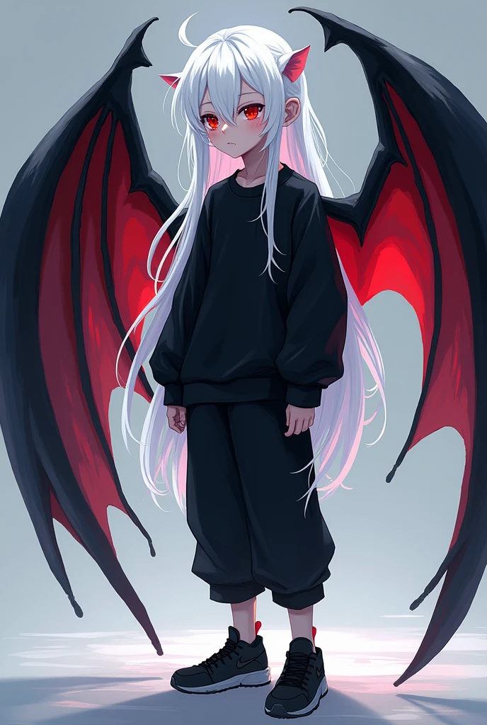 Kizuro is a young boy with a thin and slender body., 1,75 tall, Eyes red, pale skin, long white hair that reaches more than halfway down her back, with strands on each side of the head, with a fringe that covers one of his eyes, more precisely, the left eye. He wears a black long-sleeved, collared shirt., black sweatshirt on top, slightly loose black pants that go all the way down, but they don't go beyond black sneakers with dark gray soles. Kizuro has black bat wings with red interior on the back and an extremely feminine face.. Pixel style art