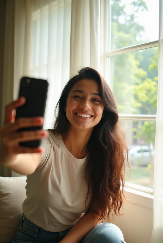 A Bangladeshi woman, wearing t Shirt , long hair,sitting beside a window, taking selfie