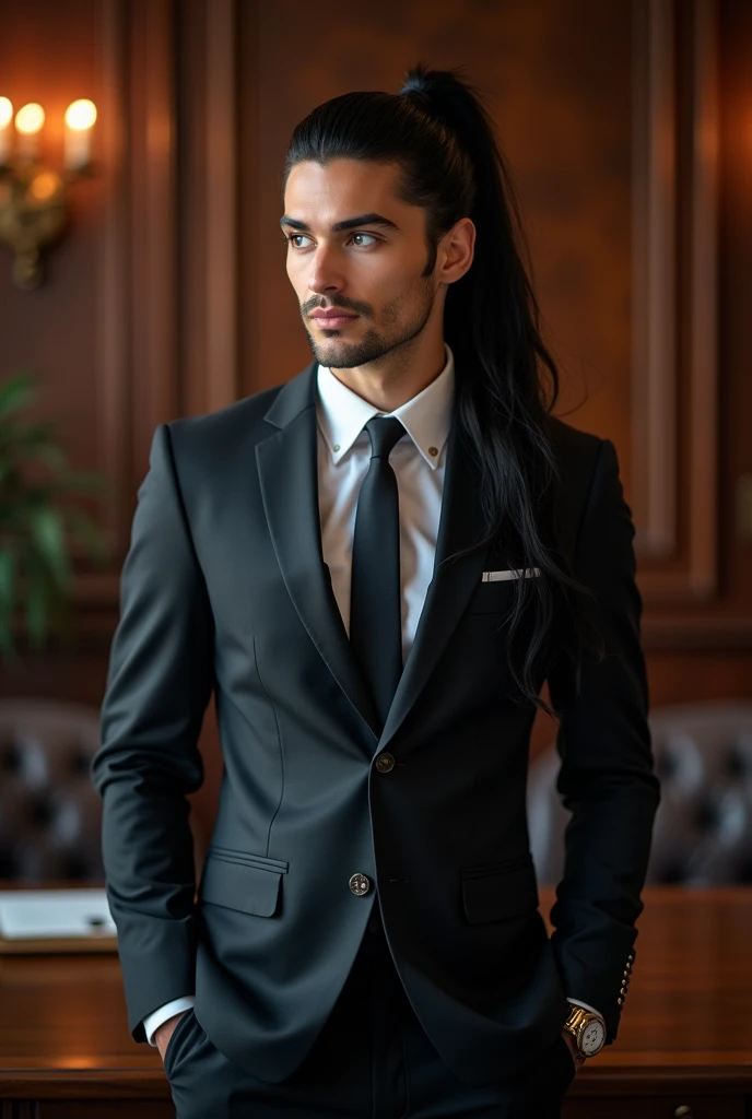 Man with long black hair and it is tied like a ponytail under. blue-eyed and formal suit.
In semi-realistic style.