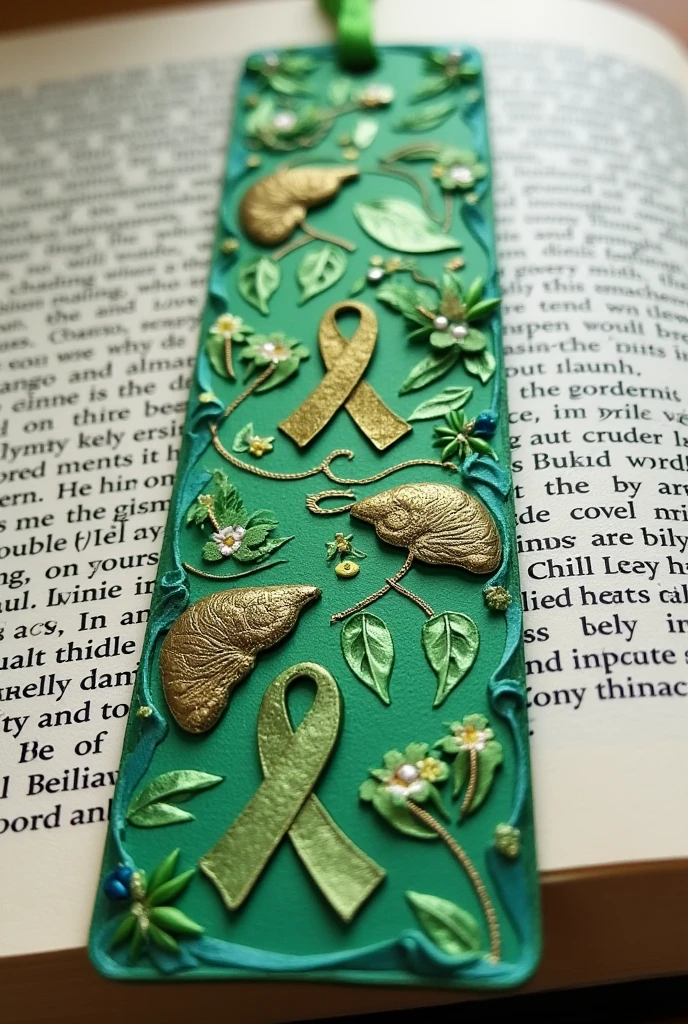 a bookmark, that the marker has representative designs for liver cancer awareness. let green predominate