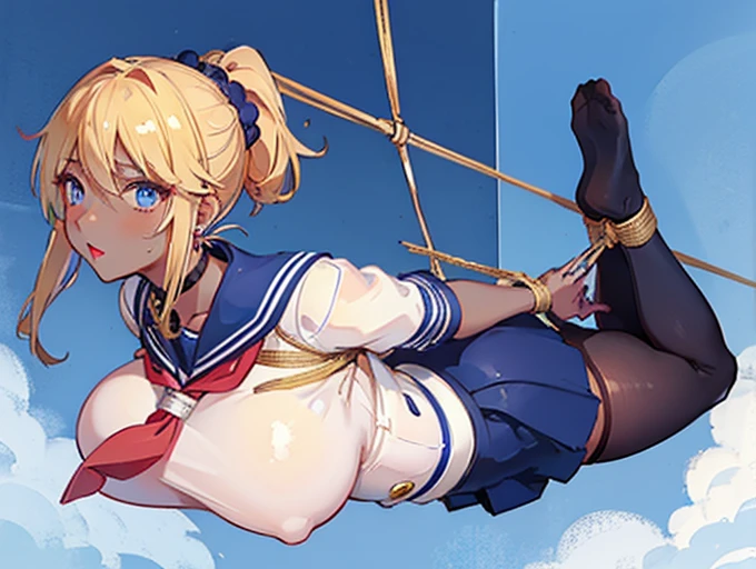 (masterpiece:1.2、highest quality、T Masterpiece)、(1 female:1.4)、alone、(classroom:1.2)、Day、Lie、blonde、ponytail、blue eyes、(sailor suit:1.4)、(black skin:1.4)、big breasts、pantyhose、corset、hoop earrings、lipstick、mini skirt、very sweaty、Ring Choker、Scrunchie、blush、covered chest、Bangs braids、(Hung by a rope:1.4)、(Tied up legs floating:1.4)、leaning forward、(hogtied:1.4)