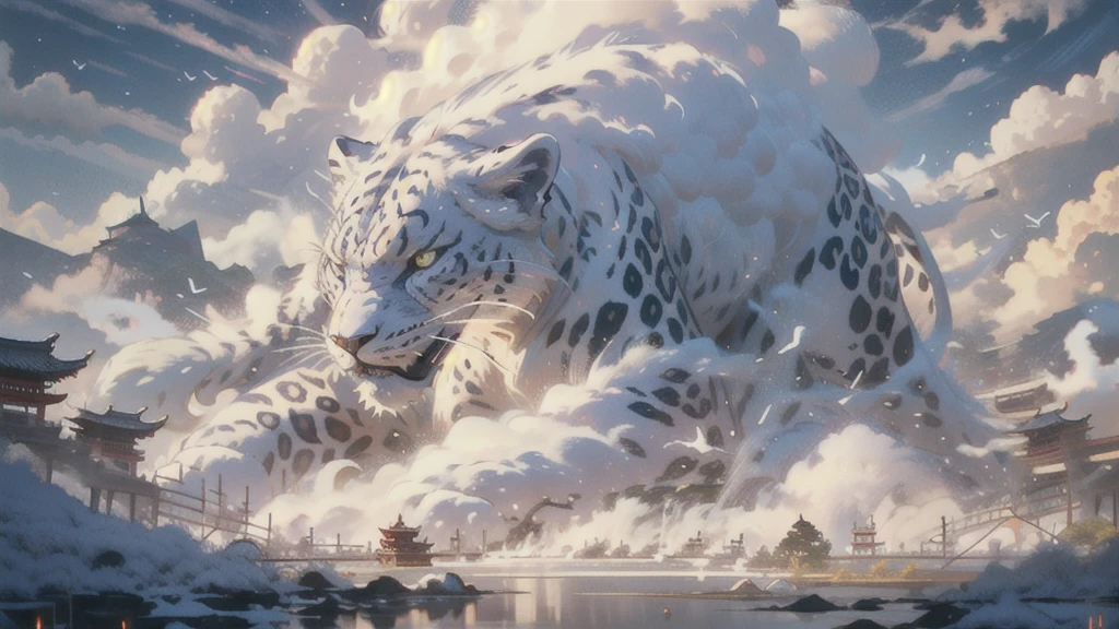 BJ_Sacgreen_bEast,green_eye,Outdoor,Horn,null,cloud,no_human,bird,cloudy_null,scenery,stage,Fantasy,Leopard,architecture,East_Asian_architecture,Eastern_Leopard,Cinema Lighting,Strong contrast,High level of detail,Highest quality,masterpiece,