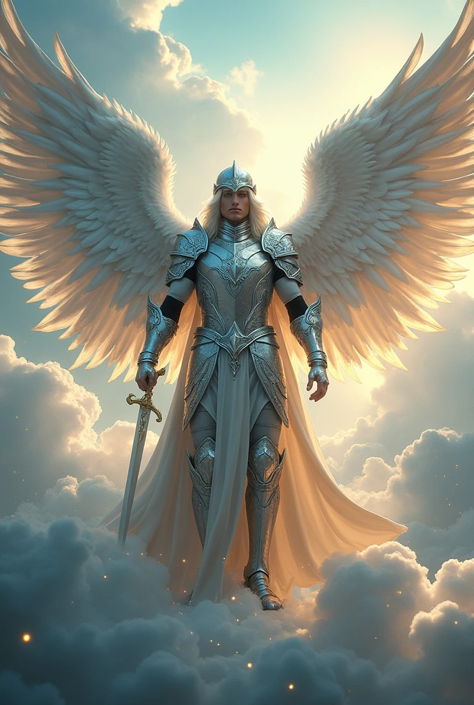 male angel, with silver armor, 4 pairs of wings, helmet that hides only the eyes, mouth appearing and heavenly sword