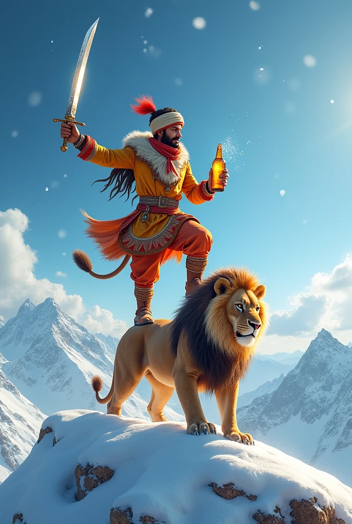 Sardaar boy at top of snowy mountain having one leg on top of head of lion and having sword in his hand with a beer bottle in his another hand