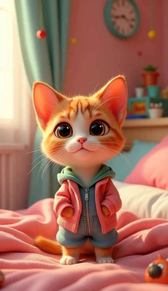 Perfect centering, Looking at the camera, a close up 2/3 of a cartoon cat wearing a casual  dress, 3 d animation demo reel, 3d animation, 3 d animation, 3 d animated movie, 3d animated, 3 d animated, tv commercial, clay animation, cgi animation, cute! c4d, cute 3 d render, pixar 3 d animation style, in front of a bed 4 k, 3 d cartoon