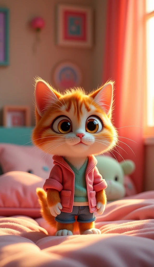 Perfect centering, Looking at the camera, a close up 2/3 of a cartoon cat wearing a casual  dress, 3 d animation demo reel, 3d animation, 3 d animation, 3 d animated movie, 3d animated, 3 d animated, tv commercial, clay animation, cgi animation, cute! c4d, cute 3 d render, pixar 3 d animation style, in front of a bed 4 k, 3 d cartoon