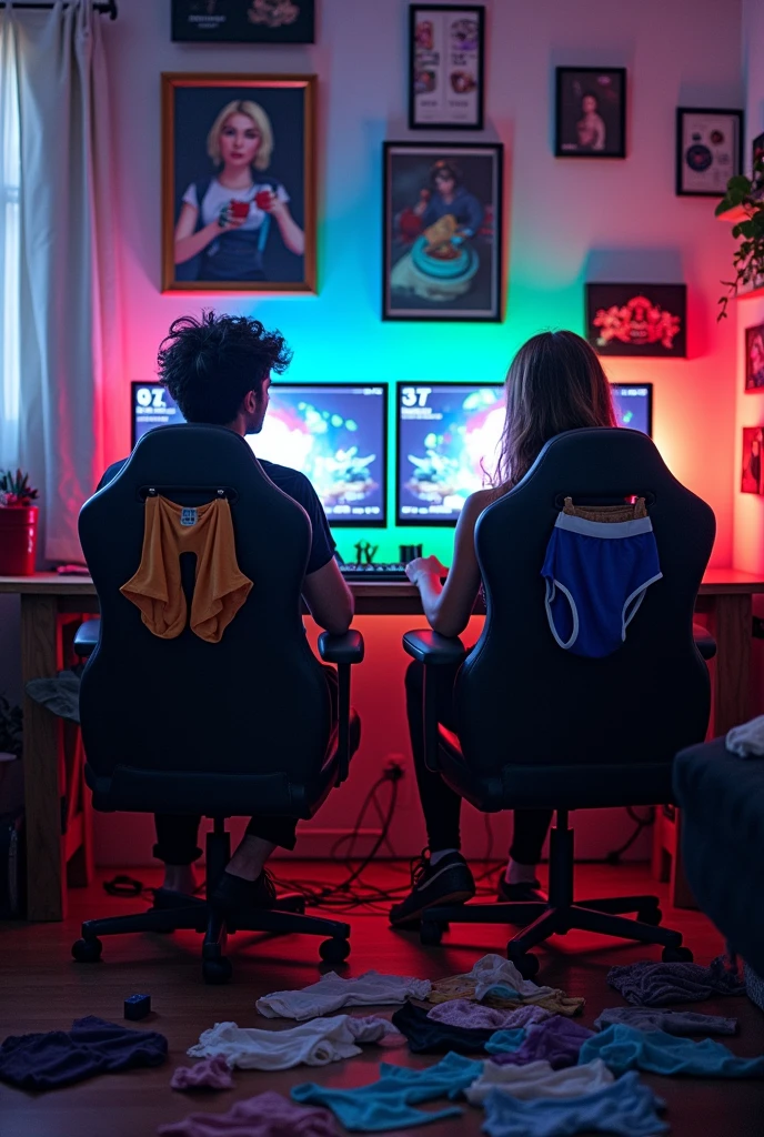 Scenario: A gamer&#39;s room with three monitors, a powerful PC, and several gaming chairs. The environment should feel relaxed and a little messy., with several pairs of underwear scattered across the floor and some even on top of chairs.Personagens: Two friends, one with black hair and the other with dark blonde hair. They are focused on playing on their monitors, with expressions of enthusiasm or concentration.detaileds: Friends should be in comfortable gaming chairs and the room can have gamer decor., like game posters and maybe some game related accessories. The scattered underwear must be visible, creating a contrast with the game environment, the two friends are not wearing anything, they are naked