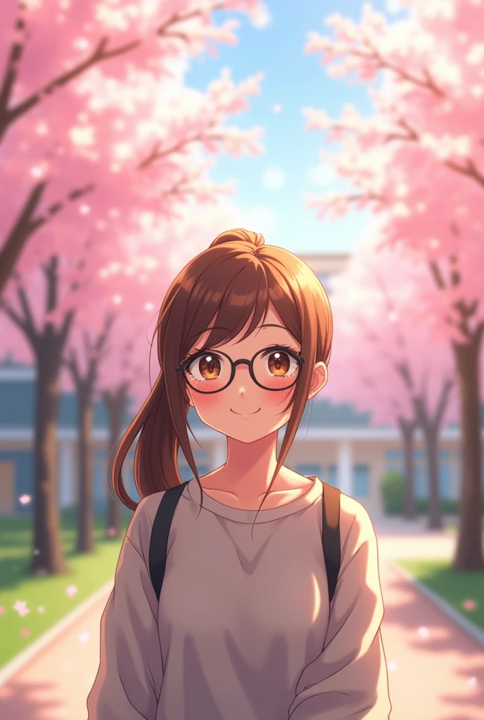 Draw a picture that has the following characteristics:。
- Junior high school student - Japanese - Hair style is in a ponytail - Hair looks brown in the sun - Wears round glasses - Kind smile - Good figure