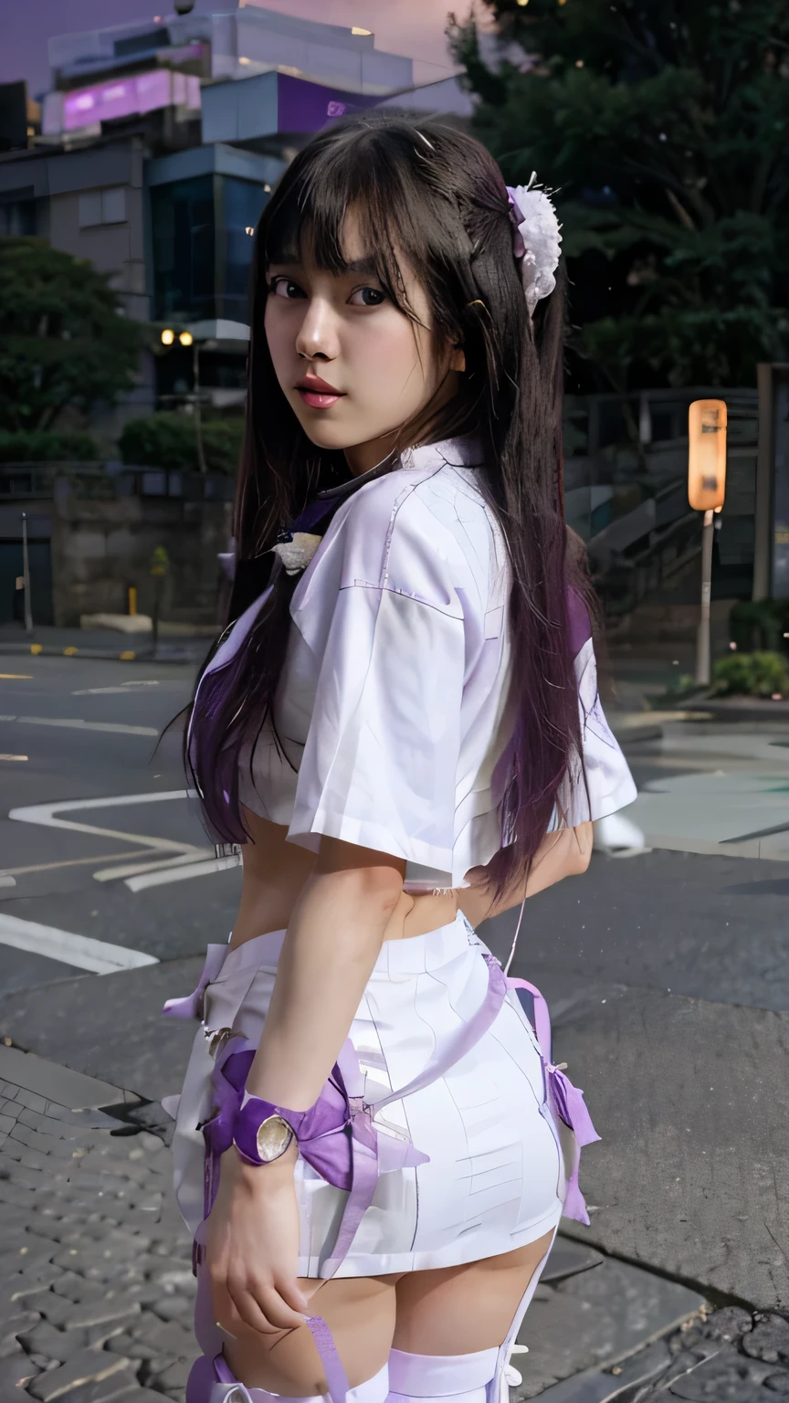 Fullbody, very very long hair purple a woman dressed in a white and purple outfit, rei hiroe, beautiful android woman, kai'sa, female mecha, as a retro futuristic heroine, rinko kawaichi, kusanagi, hiyao miyazaki, as a retrofuturistic heroine, kaguya ōtsutsuki, still from tv anime, ayaka cosplay, japanese lightning goddess, pose random, skirt, background street city japan, walking