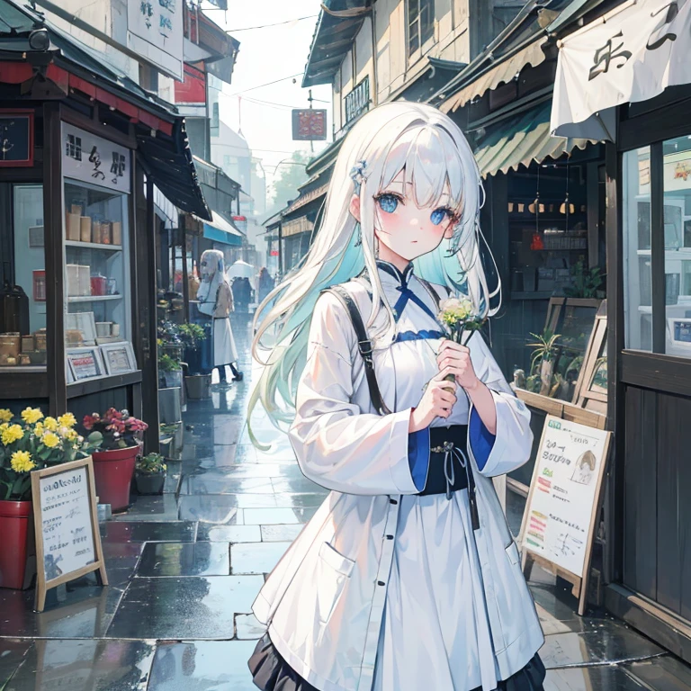 girl, blue eyes, white hair, cutie light green, village trade market, morning, rainy