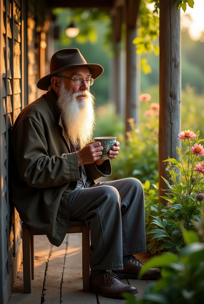 Old man with beard and hat taking a sip of tea