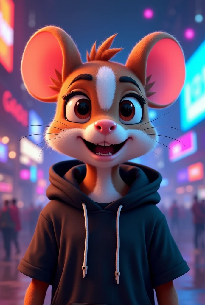 a male gamer mouse animal for vtuber, with black t-shirt and hood, The brown mouse with a white stripe in the middle, looking straight ahead, with open eyes and open mouth, another with open eye and closed mouth, another with closed eye and closed eye and finally with closed eye and open mouth
