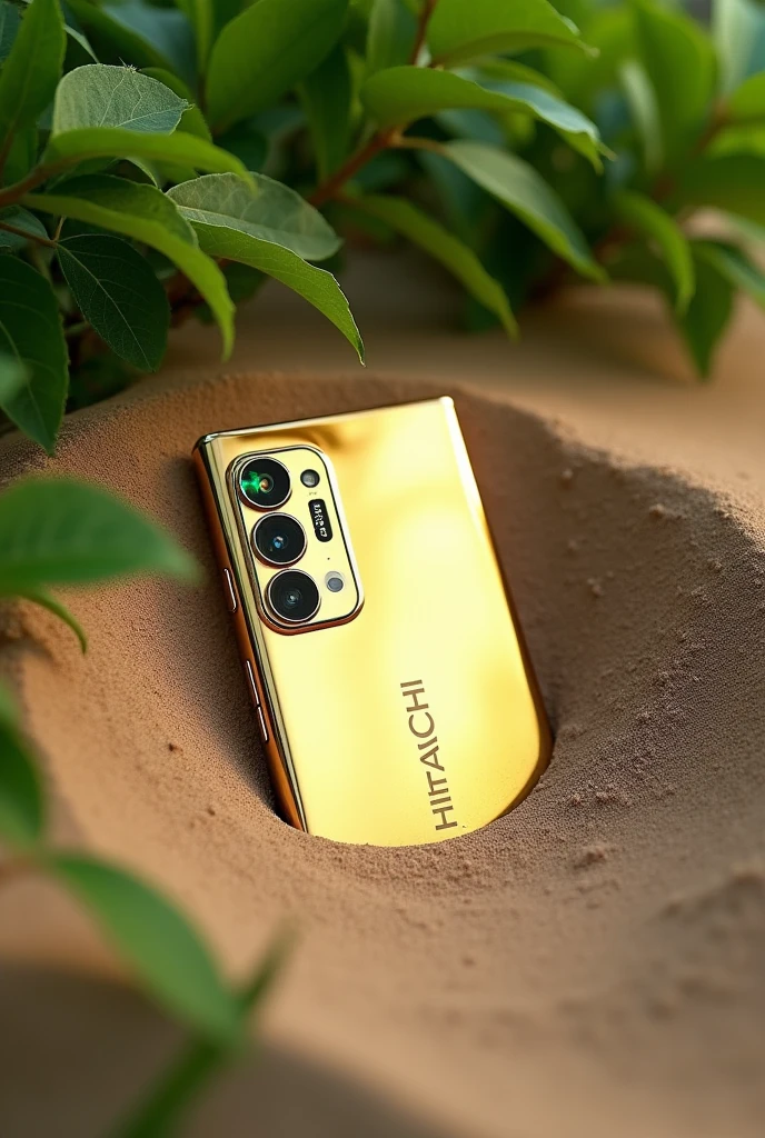 Modern gold-colored buried cell phone with 8 mirror-colored cameras with a writing that says HITACHI