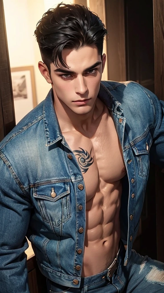 a muscular handsome man, detailed face, perfect facial features, smooth skin, sexy expression, short black hair, looking at the viewers romantically, sexy gaze, large chest, denim jacket, jeans, tattooed chest,