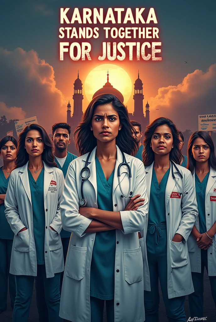 Generate an poster of doctors medical protest against ???? case . Heading text as Karnataka stands together for justice ???? cases of india 2024 
Title as KARNATAKA STANDS TOGETHER FOR JUSTICE 