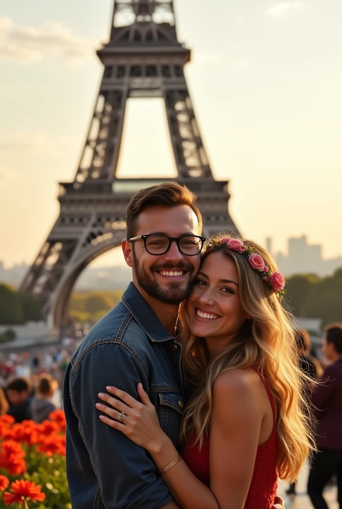 Man with specs and beard with pretty girlfriend infront of eifel tower hugging
