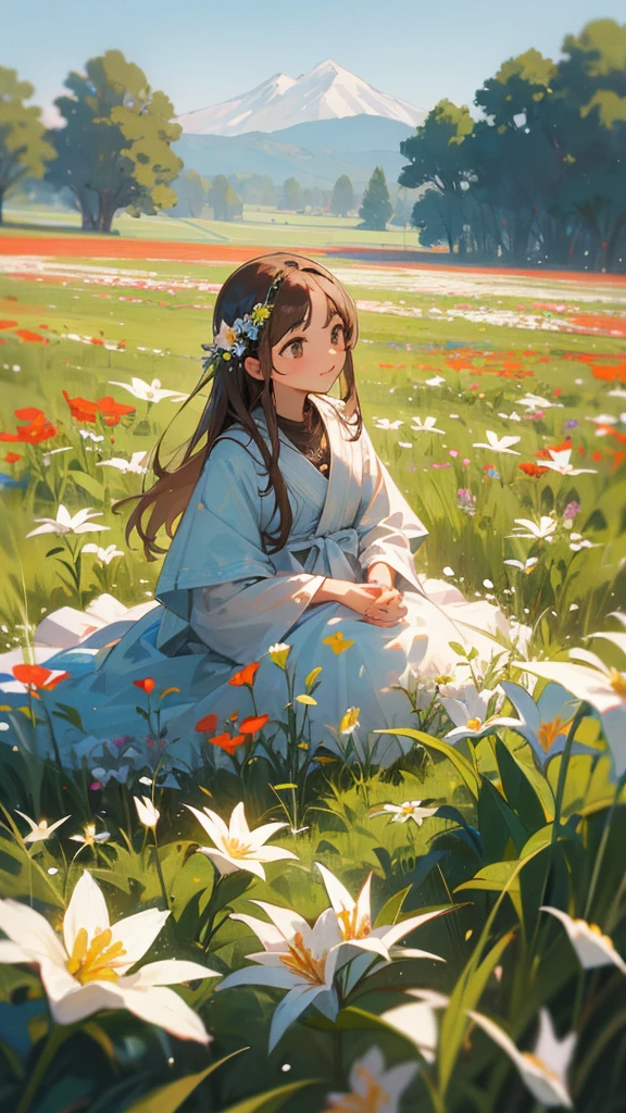 I want a picture of one in a field full of flowers