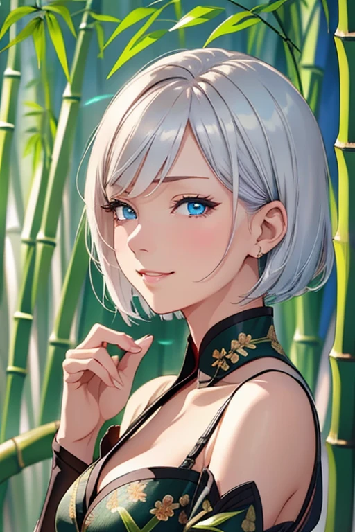 A lady with silvery short hair and blue eyes, Cheeky Smile, Condescending look, Gazing at the viewer, Highly detailed and realistic, masterpiece quality, Very detailed, High resolution, Vibrant colors, Physically Based Rendering, High-definition background, (distance view:1.5), (deep bamboo forest:1.3), wearing a red chinese dress, not sexy, rain, queen