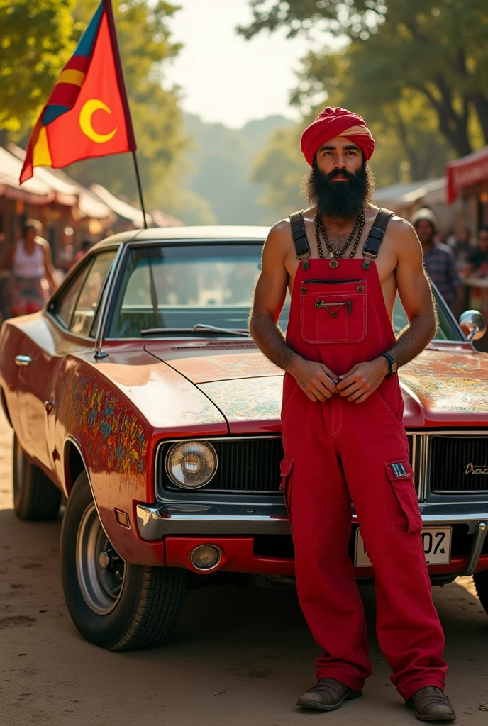 A gypsy mechanic in red overalls and a karavina with a charger with the gypsy flag